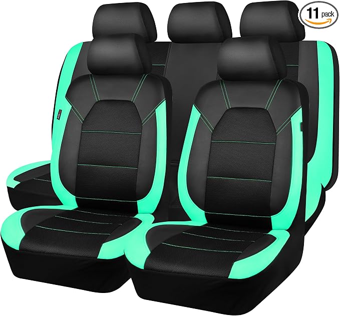 CAR PASS Leather Seat Covers, Breathable Universal Car Seat Cover Full Set for Cute Women Girly,Super 5mm Composite Sponge Inside,Airbag Compatible Fits Most Auto,SUVs,Trucks,Vans(Full Set,Black&Mint)