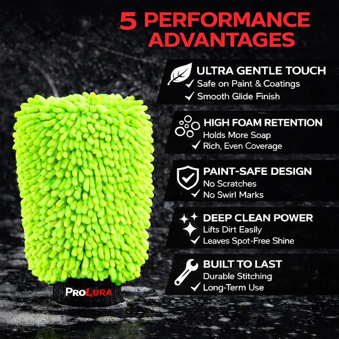 Microfiber Car Wash Mitt 2 Pack, Chenille Scratch-Free Wash Gloves, Ultra Soft, Highly Absorbent, 7.1” x 10.2”, Lint-Free, Reusable Auto Cleaning Mitt (Green)