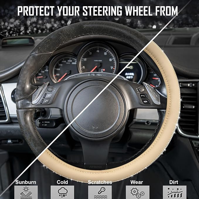 CAR PASS Bling Diamond Beige Leather Steering Wheel Cover, White Sparkly Crystal Glitter Rhinestones Universal Fit 14" 1/2-15" Car Wheel Protector for Women Girl Fit Suvs,Vans,Sedans,Trucks, Beige
