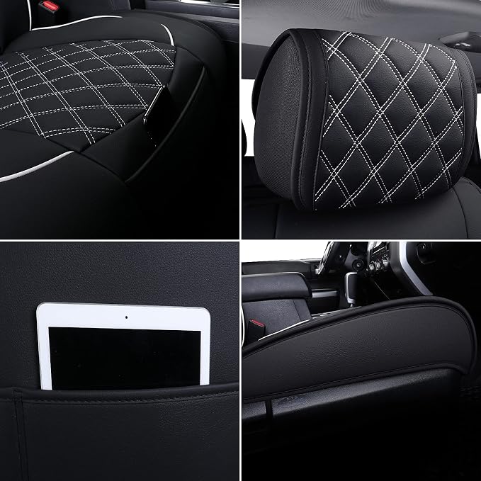YIERTAI Seat Covers for Toyota Tundra Truck Custom Fit 2008-2023 2024 2025 2026 Crewmax Double Cab Crew Cab Waterproof Leather Airbag Compatible(2 PCS Front only/Black-White)