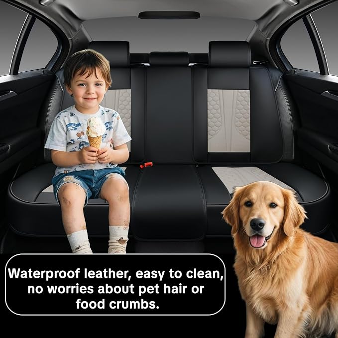 Car Seat Cover Set, Interior Accessories, Black and Gray, Waterproof Leather, With Lumbar Support, Airbag Compatible, Non-slip, 5-Piece Full Set, Pet-Friendly Car Seat Covers, Fits Most Vehicle Models