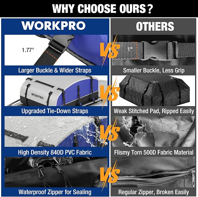 WORKPRO 21 Cubic Feet Rooftop Cargo Carrier Roof Bag, Waterproof Roof Rack Cargo Carrier for Vehicles with/Without Rack, Heavy Duty 840D PVC, Includes Anti-Slip Mat, 6 Door Hooks and Storage Bag