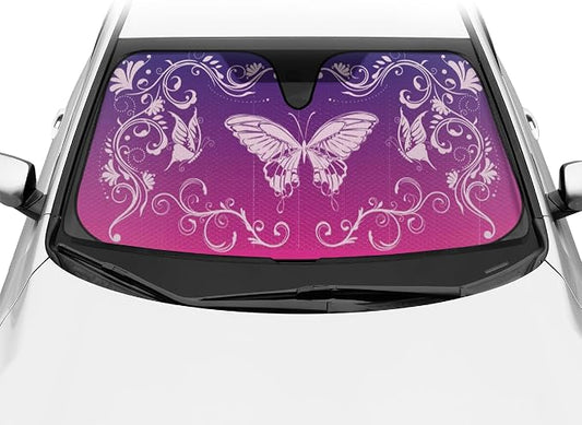 BDK Pink Butterfly Front Windshield Sunshade Accordion Folding Style Auto Shade for Cars Trucks SUVs Vans Blocks UV Rays Sun Visor Protector Easy Setup Keeps Your Vehicle Cool 58" x 27"