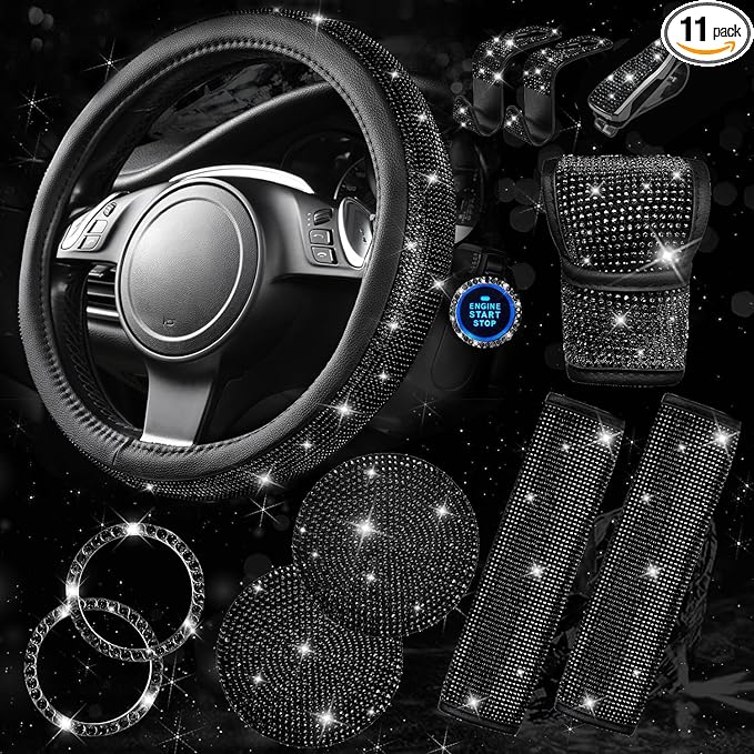 CAR PASS 11 PCS Bling Diamond Car Accessories for Women, Sparkly Rhinestone Steering Wheel Cover, Bling Seat Belt Cushion, Glitter Shift Knob Cover, Car Cup Holder Coaster, Cute Interior Sets Black