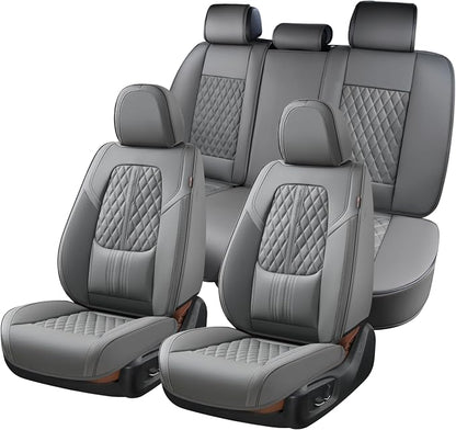 Coverado Car Seat Covers Full Set, Automotive Front and Rear Seat Covers with Backrest, Nappa Leather Car Seat Protectors Waterproof, Universal for Most Vehicles,Gray