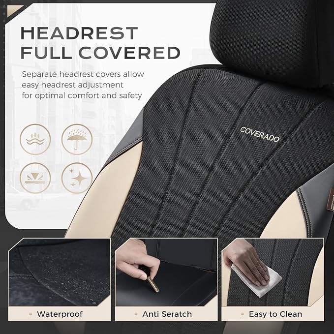 Coverado Car Seat Covers Full Set, Waterproof Automotive Seat Protectors 5 Seats,Beige Driver Protectors Universal Fit for SUVs, Trucks, Sedans,Car Accessories