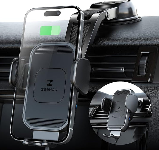ZeeHoo Wireless Car Charger, 15w Fast Charging, Auto Clamping Car Phone Mount, Cell Phone Holder Charger, for iPhone 17 16 15 14 13 12 11 Pro Max Xs, Samsung Galaxy S23+ S22, Etc.(Grey)