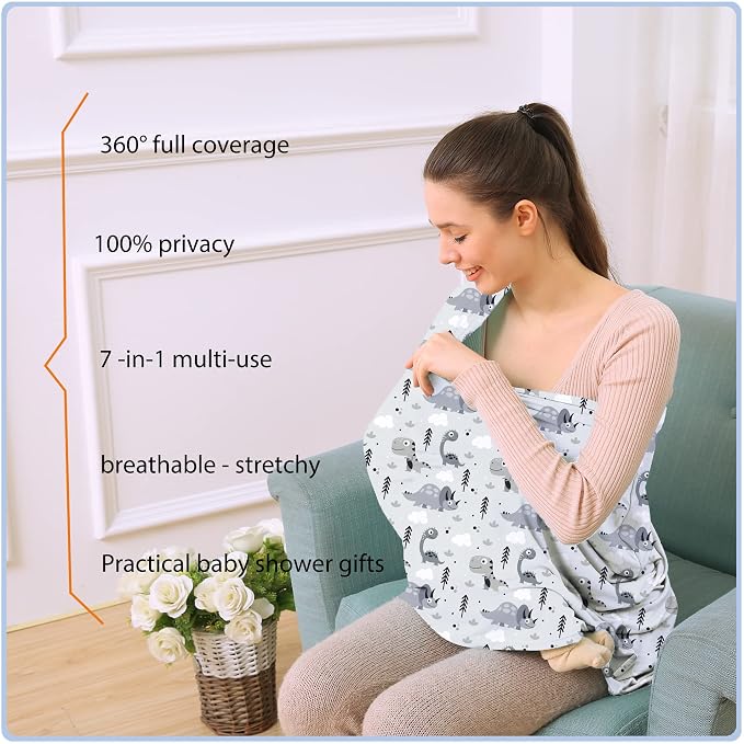 Car Seat Covers for Babies - Multi- use Nursing Carseat Canopy, Breastfeeding Covers, Baby Shower Gifts for Boys and Girls (Grey Dinosaur)