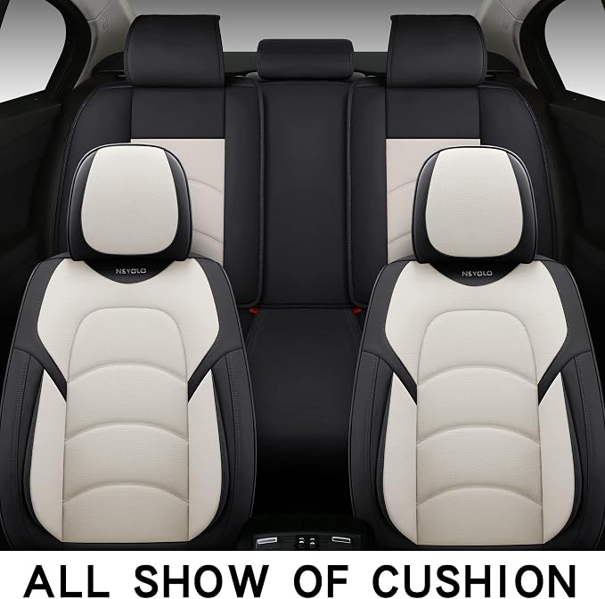 NS YOLO Full Coverage Car Seat Covers Universal Fit for Cars SUVs Pick-up Trucks with Waterproof Leatherette in Automotive Vehicle Interior Accessories (Black and White, Full Set)