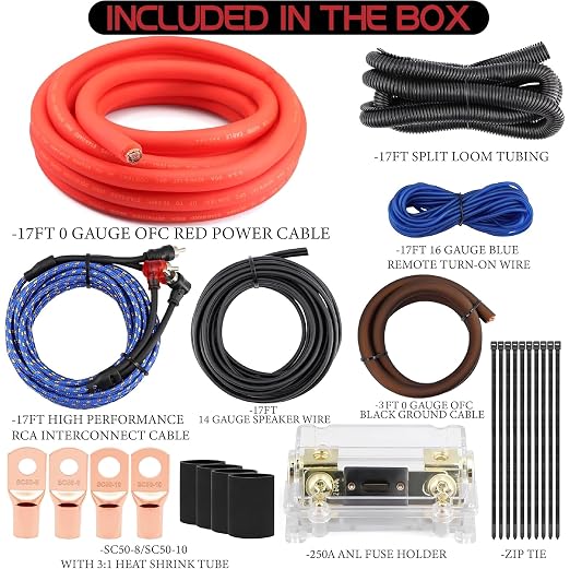 0 Gauge AMP Wiring Kit OFC,3000W Car Audio Amp Install Kit with 250A ANL Fuse Holder, RCA Cable, Speaker Wire & Ring Terminals for Complete 1/0 OFC Subwoofer Amp Wiring kit