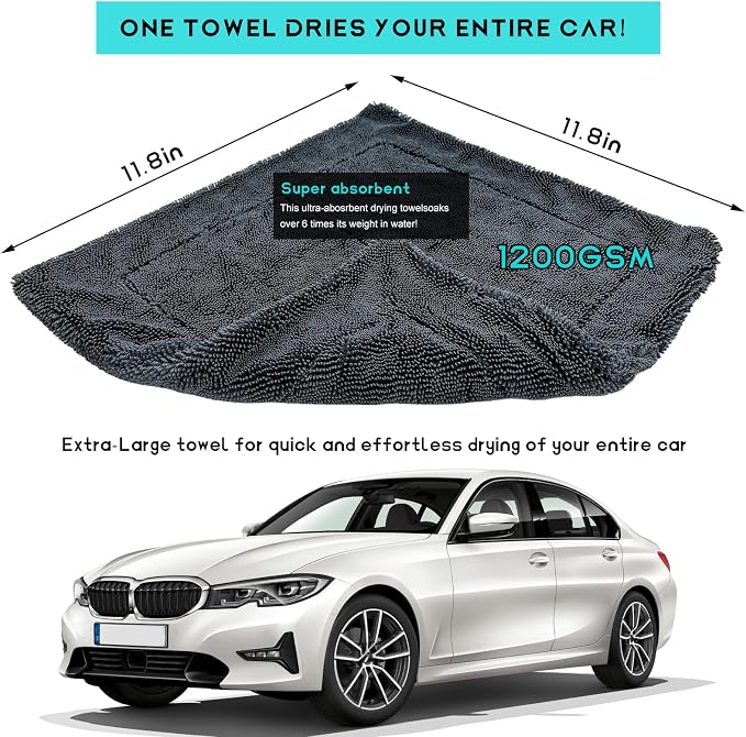 Microfiber Towels for Cars, 1200 GSM Ultra Thick 12.2"x12.2" Soft Car Detailing Drying Towel, Super Absorbent Double Twisted Loop Cloth Cleaning Towel for Car Truck SUV