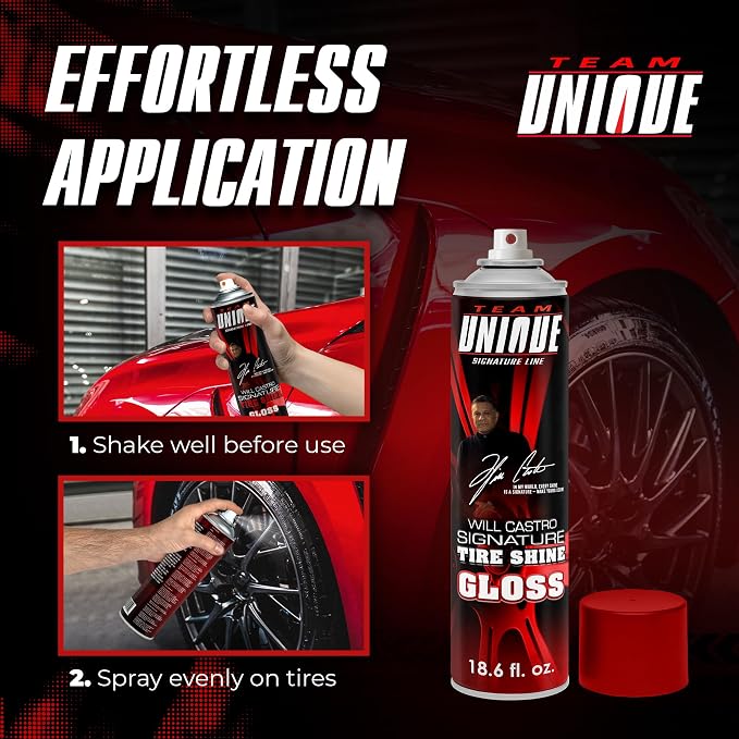 TEAM UNIQUE Tire Shine Gloss – 18.6 fl oz | High-Gloss Tire Shine Spray | UV Protection Against Cracking & Fading | Non-Greasy, Low-Sling Formula for Cars, Trucks & SUVs
