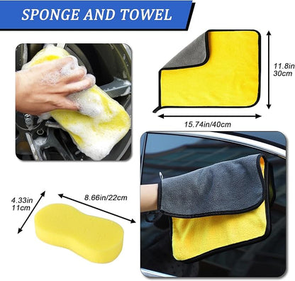 Foam Gun Car Wash Sprayer + Washing Sponge & Absorbent Towel, Hose Nozzle Foam Cannon Car Washing Kit, for Garden Cleaning, Pet Showering (Yellow)
