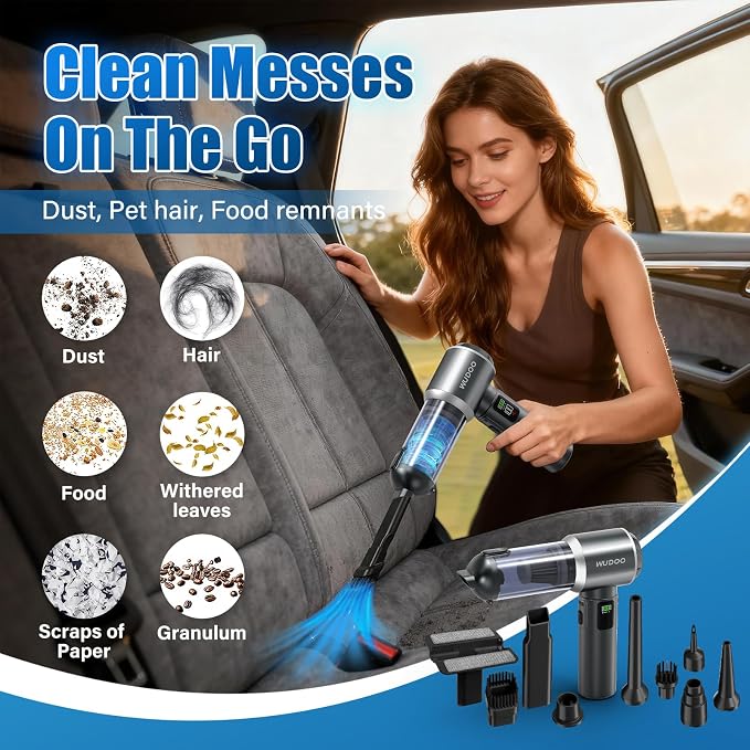 WUDOO 4-in-1 Car Vacuum Cleaner Portable Cordless Dust Remover 20,000 Pa Brushless Motor Powerful Handheld Wireless Charging Vacuum Cleaner LED Light, Multi-Nozzles for Car, Home, Office, Pet