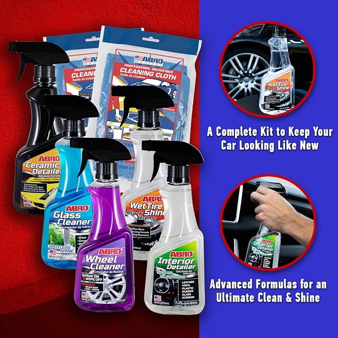 ABRO Professional Grade Car Detailing Kit, Includes Streak Free Glass Cleaner, Wheel Cleaner, 2 Mircofiber Cleaning Towels, Interior & Exterior Wash