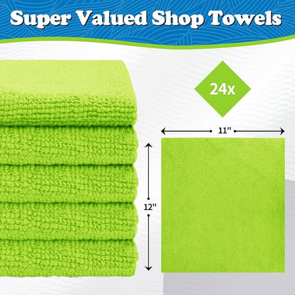 FIXSMITH Microfiber Cleaning Cloth, Shop Towels Bulk, 24 Pack Green Microfiber Towels for Cars, All-Purpose Absorbent Cleaning Rags, Dust Cloth for Automotive, Mechanic, Garage, Bar, 12 x 11 inch