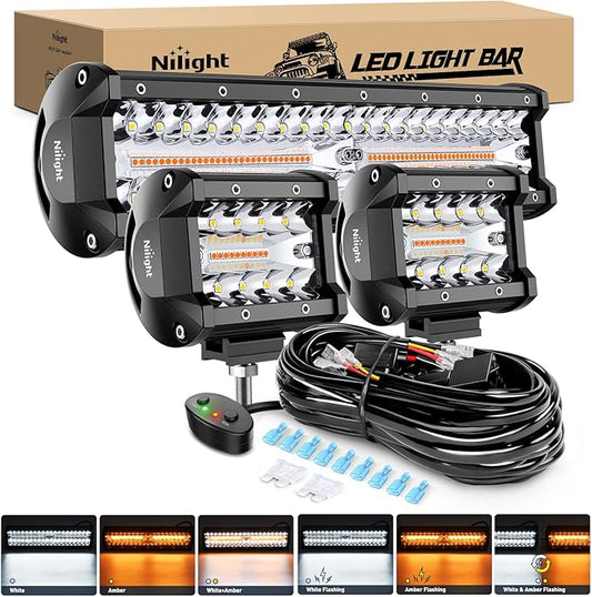 Nilight 12Inch 300W LED Light Bar 2PCS 4Inch 60W Light Pods Amber White Strobe 6 Modes Memory Function Reset Function Off Road Truck with 16AWG Wiring Harness Kit-3 Leads, 2 Years Warranty
