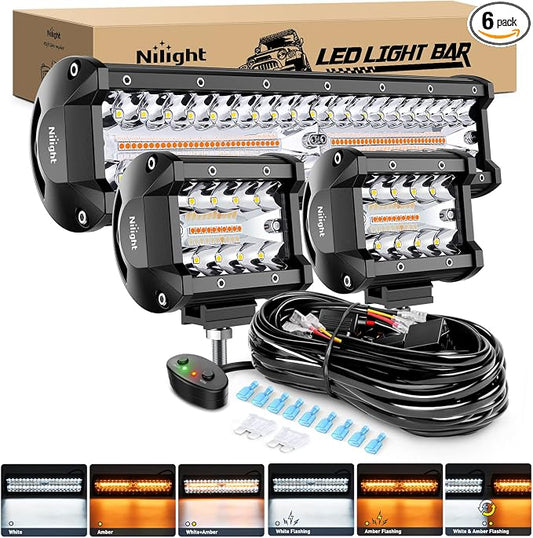 Nilight 12Inch 300W LED Light Bar 2PCS 4Inch 60W Light Pods Amber White Strobe 6 Modes Memory Function Reset Function Off Road Truck with 16AWG Wiring Harness Kit-3 Leads, 2 Yrs Warranty (Pack of 6)