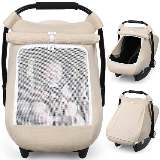 Rquite Car Seat Cover Baby, Carseat Covers Girl Boy, Breathable Muslin Cotton, Large Mesh Window, Infant Car Seat Canopy Baby Carrier Cover Stroller Sun Shade for Summer & Hot Day, Beige