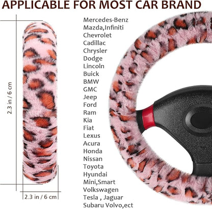Accmor Fuzzy Steering Wheel Cover, Universal Fit Fur Car Wheel Cover & Handbrake Cover & Gear Shift Cover Set for Women Girls, Leopard Winter Warm Fluffy Vehicle Wheel Protector for Auto, SUV (Pink)