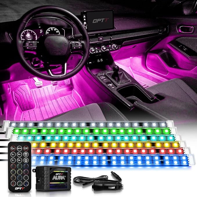 OPT7 Aura Double Row Car LED Lights Interior 6pc with Wireless Remote Control, Multicolor Mode, Sound Active Function Inside Ambient Lighting Kit, Footwell Floor Decor, Charger Adapter 12V