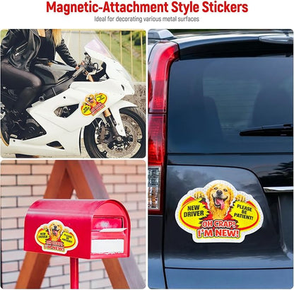 3 Pcs Reflective Student Driver Magnet and Stickers Set - Funny Animal New Driver Safety Signs for Car, Waterproof & Weatherproof High Visibility Vehicle Bumper Decals, Magnet + Stickers (Dog)