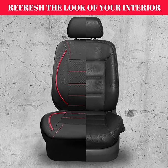 CAR PASS Universal FIT Piping Leather Two Front Seat Covers, Waterproof Faux Leather for SUV Sedan Van Truck, Airbag Compatible,Reserved Opening Holes for Headrest Covers. (Black red)