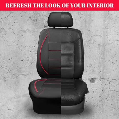 CAR PASS Universal FIT Piping Leather Two Front Seat Covers, Waterproof Faux Leather for SUV Sedan Van Truck, Airbag Compatible,Reserved Opening Holes for Headrest Covers. (Black red)