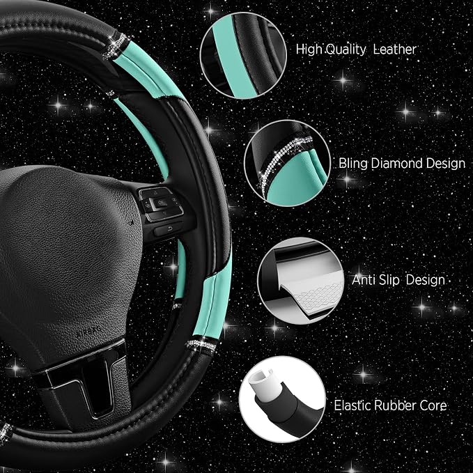 Road Comforts Leather Steering Wheel Cover - Made with PVC Leather - Anti-Slip, Universal Fit 14 1/2 inches to 15 inches - Mint