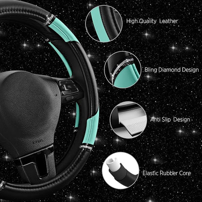 Road Comforts Leather Steering Wheel Cover - Made with PVC Leather - Anti-Slip, Universal Fit 14 1/2 inches to 15 inches - Mint