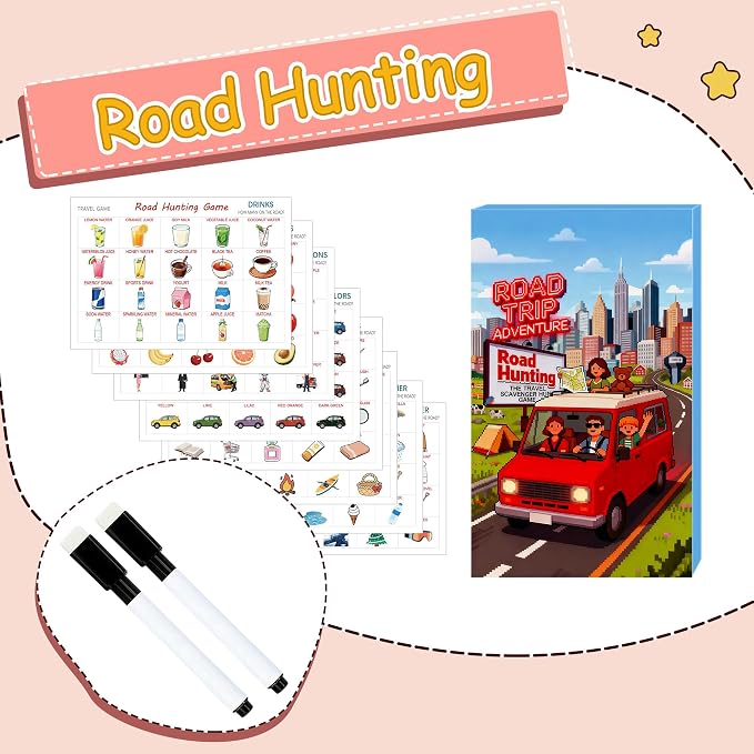 Road Trip Adventure Travel Scavenger Hunt Game | Road Hunting Card Game, Occupations Theme, Drinks Theme, Fruits Theme
