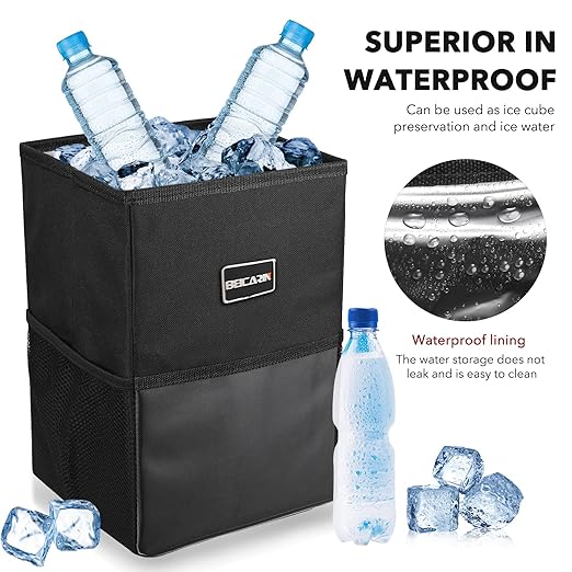 Beicarin Car Trash Can with Lid - Car Trash Bag Hanging with Storage Pockets Collapsible and Portable Car Garbage Bin, Leak-Proof Car Organizer, 1.82 Gallons Multipurpose Trash Bin for Car