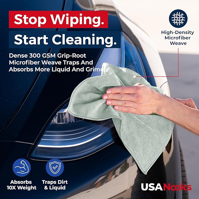USANOOKS Microfiber Cleaning Cloth - Sea Green - 12Pcs (12.5x12.5 inch) High Performance - 1200 Washes, Ultra Absorbent Car Towel Traps Grime & Liquid for Streak-Free Mirror Shine - car Washing Cloth