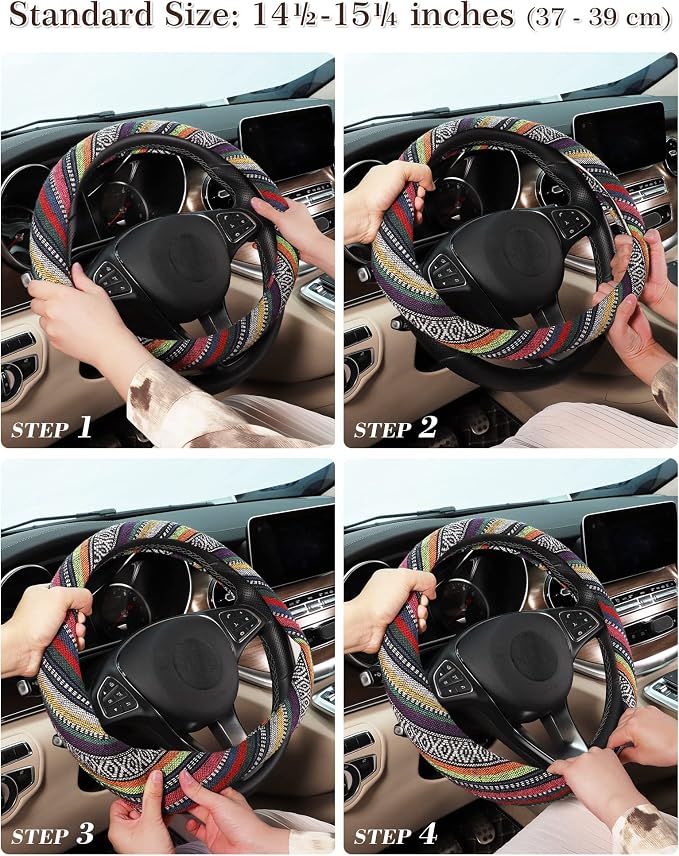 SEG Direct Boho Steering Wheel Cover with Baja Blanket Cloth, Ethnic Style Auto Wheel Cover Made of Coarse Flax, Fits 14 1/2-15 1/4 inches Car Wheel