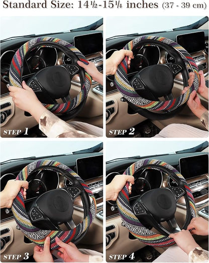 SEG Direct Boho Steering Wheel Cover with Baja Blanket Cloth, Ethnic Style Auto Wheel Cover Made of Coarse Flax, Fits 14 1/2-15 1/4 inches Car Wheel