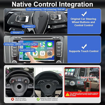 Wireless CarPlay and Android Auto Retrofit Kit for VW Volkswagen Phaeton RNS510 System, OEM Screen Adapter with Standard HDMI-in, Supports Phone Mirroring for YouTube, Backup and 360 Camera