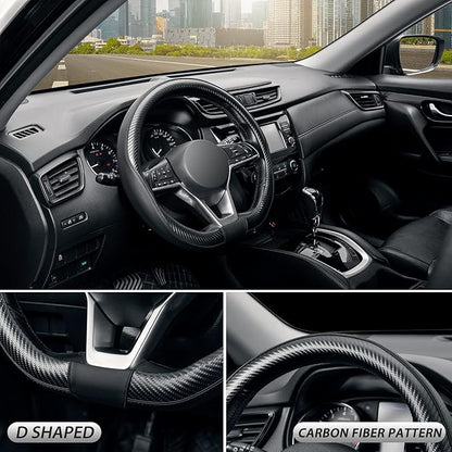 SEG Direct Flat Bottom Steering Wheel Cover Carbon Fiber, D Shaped Car Wheel Cover 14 1/2-15 in. (37-39 cm), Black Microfiber Leather with Carbon Fiber Pattern
