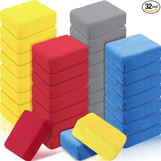 Riakrum 32 Pcs Microfiber Applicator Pads Soft Microfiber Foam Buffing Car Detailing Pads for Wax Ceramic Coating Polish Reusable Car Wash Sponge Tire Shine Applicator(Yellow,Grey,Blue,red)