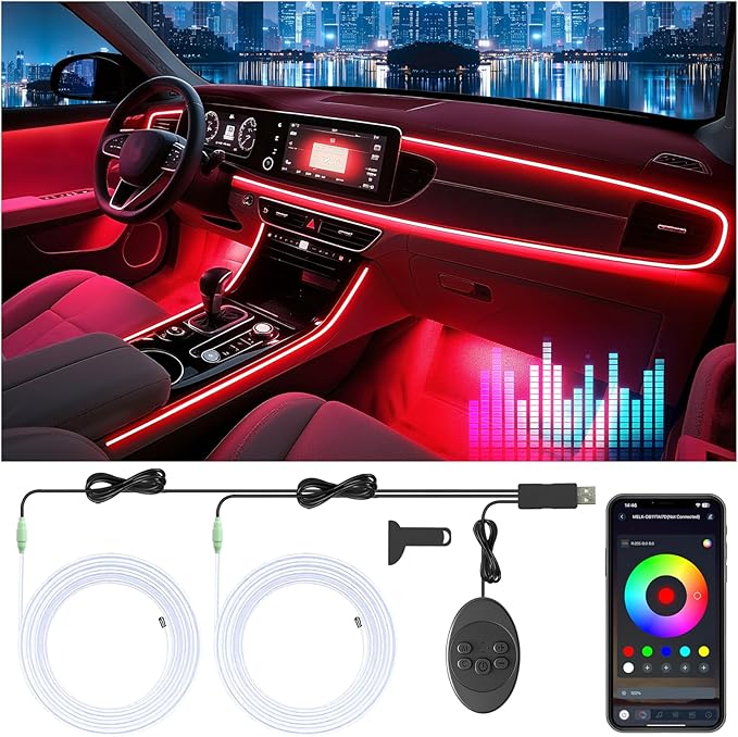 Car Led Strip Lights, Interior Car Lights, App Control Ambient Lighting Kit With RGB 16 Million Colors Fiber Optics&Music Sync Rhythm, USB Neon Light Accessories for Center Console&Dashboard, Upgraded