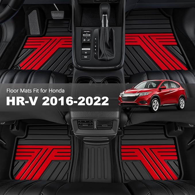 Floor Mats Fit for Honda HRV 2016 2017 2018 2019 2020 2021 2022, All Weather Custom Fit HR-V Rubber Floor Liner Accessories, 1st & 2nd Row, Black & Red