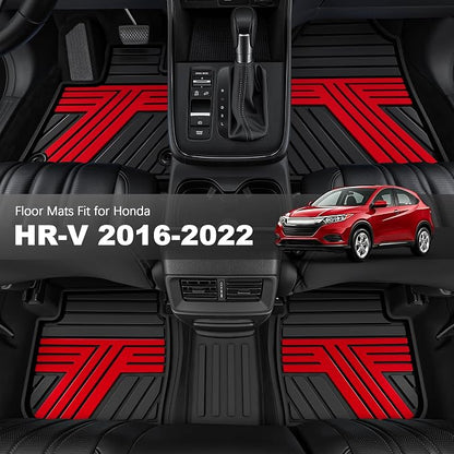 Floor Mats Fit for Honda HRV 2016 2017 2018 2019 2020 2021 2022, All Weather Custom Fit HR-V Rubber Floor Liner Accessories, 1st & 2nd Row, Black & Red
