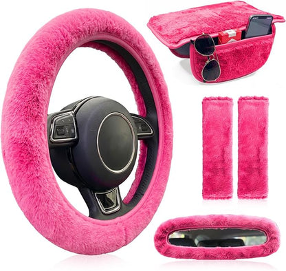 5 Pcs Fuzzy Pink Color Car Accessories Set, Soft Fluffy Plush Steering Wheel Cover, Center Console Armrest Pad & Rearview Mirror Cover - Interior Decorations for Women,Universal Fit (Pink)