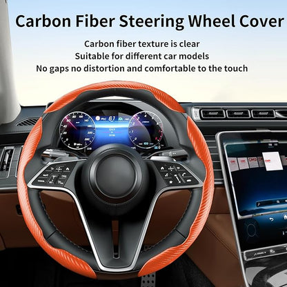 Carbon Fiber Steering Wheel Cover, 3-Piece Set Anti-Skid Comfortable Grip Segmented Butterfly Design, Easy Snap-On Installation Universal Fit 99% Cars, Orange