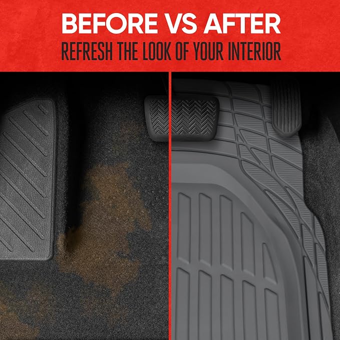 Motor Trend Original FlexTough Gray Rubber Car Floor Mats for 3 Row Vehicles, Front & Rear 2nd Row Deep Dish All Weather Automotive Heavy Duty Trim to Fit, Automotive Liners for Cars Truck Van SUV