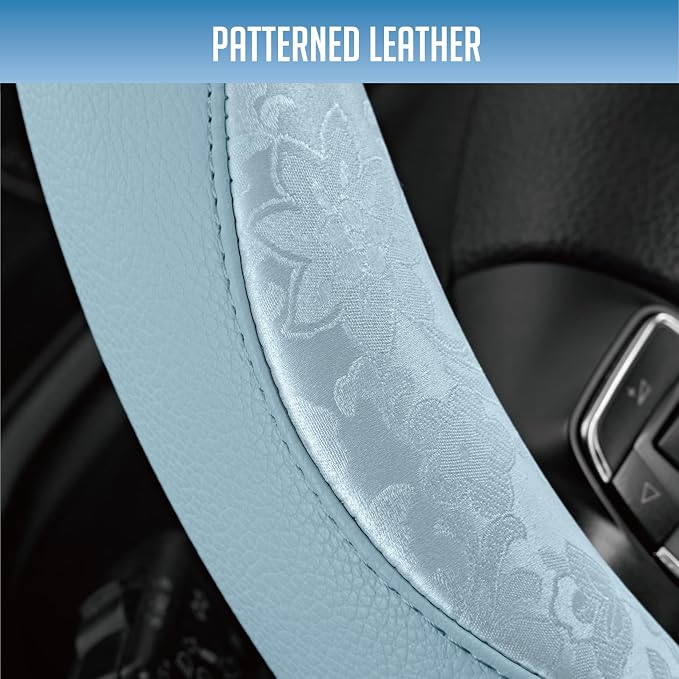 PIC AUTO Steering Wheel Cover, Light Blue Patterned Leather Patchwork Design, Universal Fit 14.5"–15.5" D-Shape Steering Cover, Soft PU Grain Leather, Durable Grip Car Accessory for Girls & Women