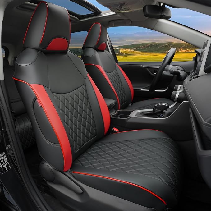 Lolcar Rav4 Seat Covers for Toyota RAV4 2019 2020 2021 2022 2023 2024 2025 LE,XLE,XLE Premium,Limited,Car Seat Cover for Trucks SUV,Leather Seat Cushion Full Set,Faux Leather (Black red Grid)