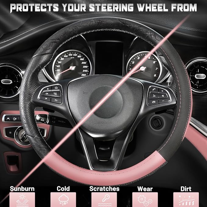 SEG Direct Steering Wheel Cover for Car, Standard Size 14.5-15 inch, Auto Interior Accessories, Black and Pink