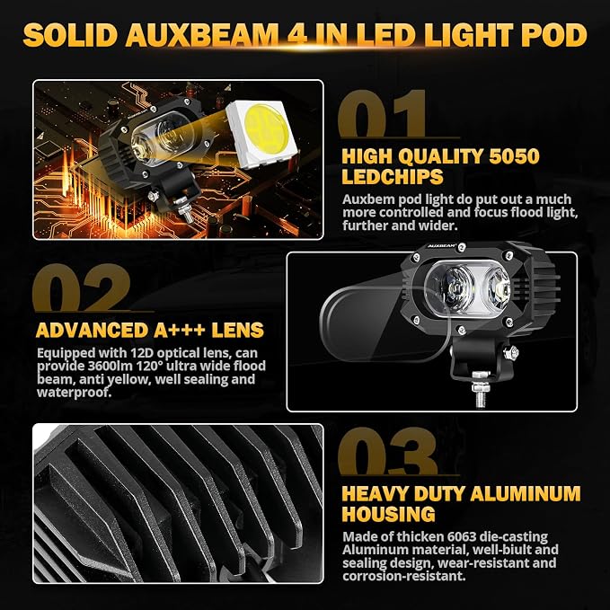 Auxbeam 4" Cube LED Pods, Super Bright 60W Offroad Lights Auxiliary Flood Light Pods Motorcycle Driving Light for ATV UTV SUV Boat Jeep