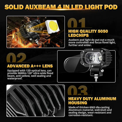 Auxbeam 4" Cube LED Pods, Super Bright 60W Offroad Lights Auxiliary Flood Light Pods Motorcycle Driving Light for ATV UTV SUV Boat Jeep