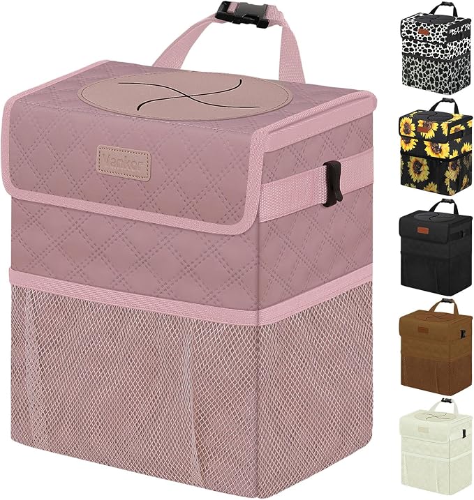 Vankor Car Trash Can Cute Trash Bag Bin Hanging Waterproof Automotive Garbage Cans Leak Proof Vehicle Trash Can Diamond Pattern-Pink